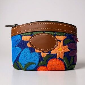 Handmade Embroidered Floral Coin Purse with Suede Trim Boho Folk Art Style